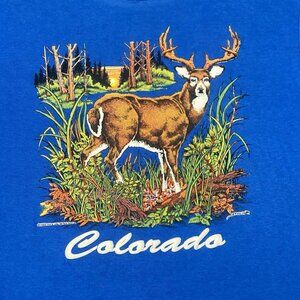 Vintage 1989 Colorado XL Blue T-Shirt White Tail Deer Puff Paint Screen Stars